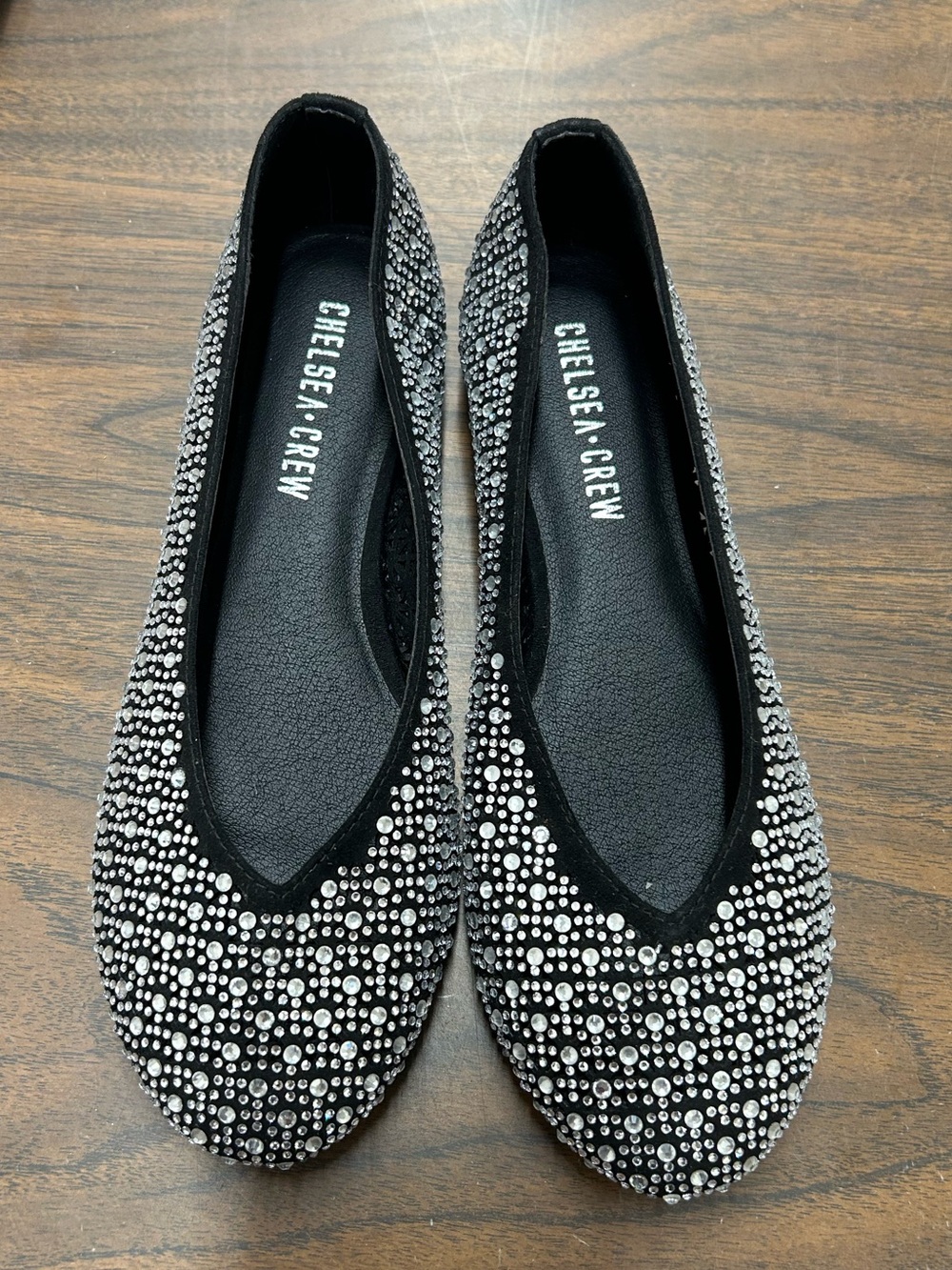 New Sample Pair Chelsea Crew Black Rhinestone-Embellished Ballet Flats in Sz 6.5